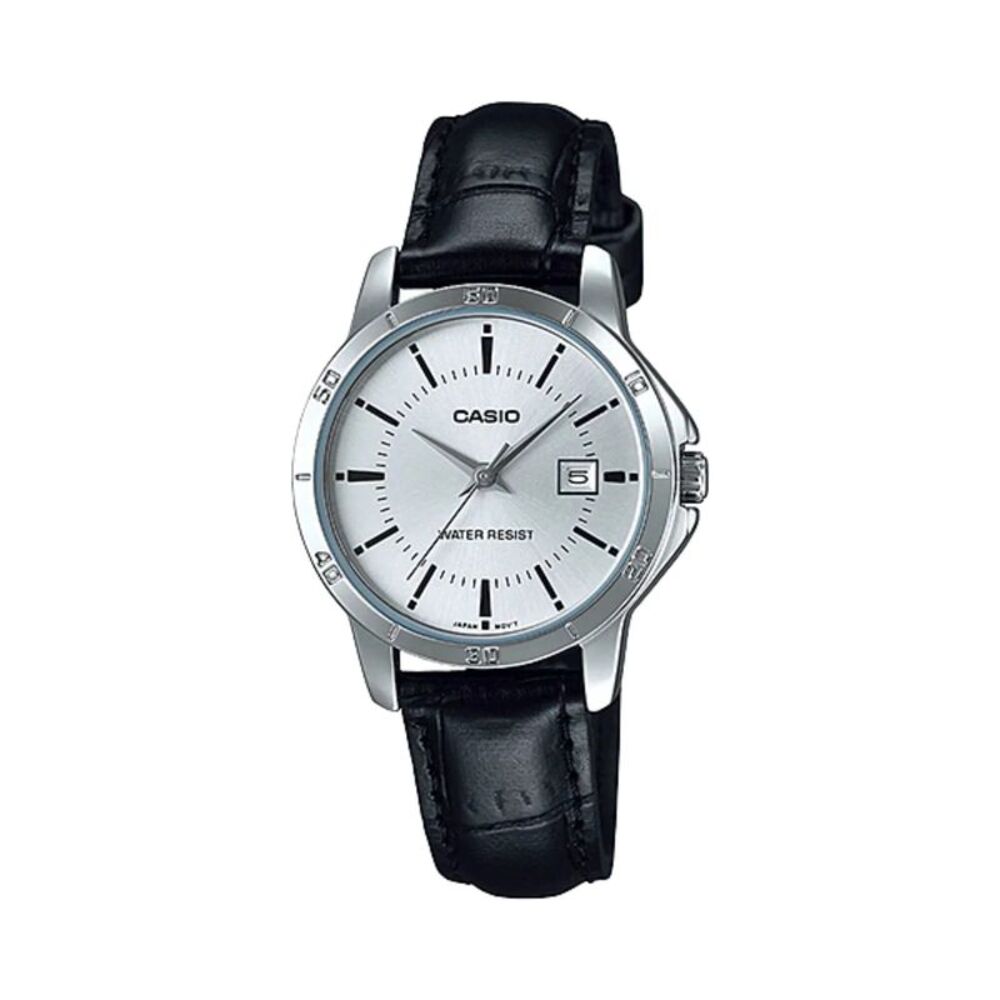 Casio Women’s Silver Dial Black Leather Strap Watch – LTP-V004L-7AUDF